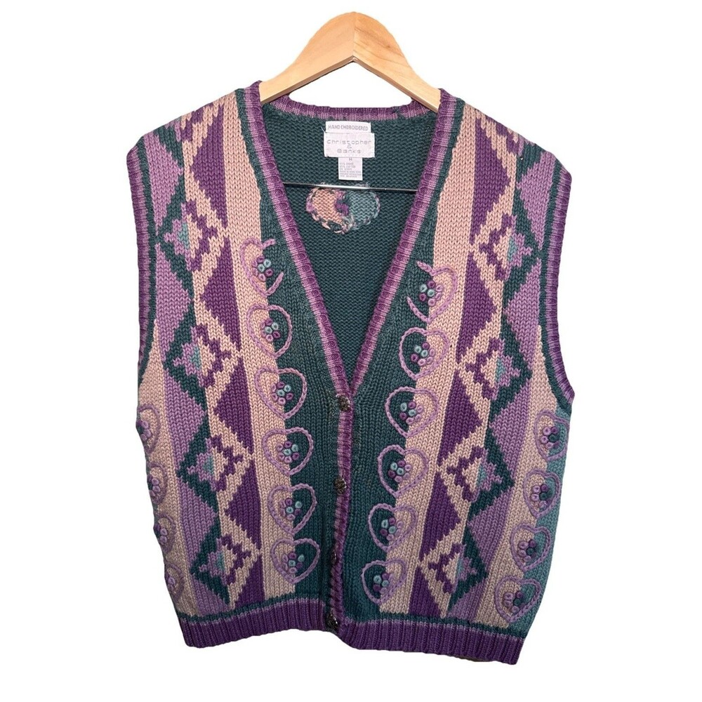Christopher & Banks Vest Hand Embroidered Knit Vest Cozy Casual Womens Sz M